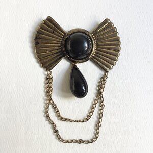 Vintage Art Deco Style Antique Gold Tone Bow Black Dangle Double Chain Brooch
